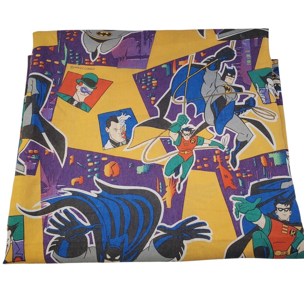 Vintage 1995 DC Comics Batman Joker Robin Twin Flat Sheet 90s Riddler BIB Fabric